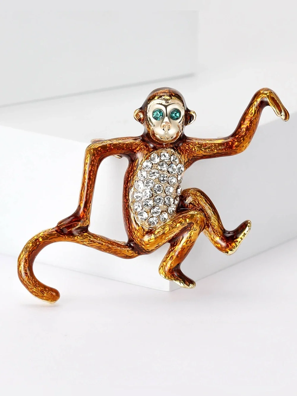 Rhinestone Monkey Brooch Pin Gold Tone Brown Enamel Green Eyes Statement Jewelry